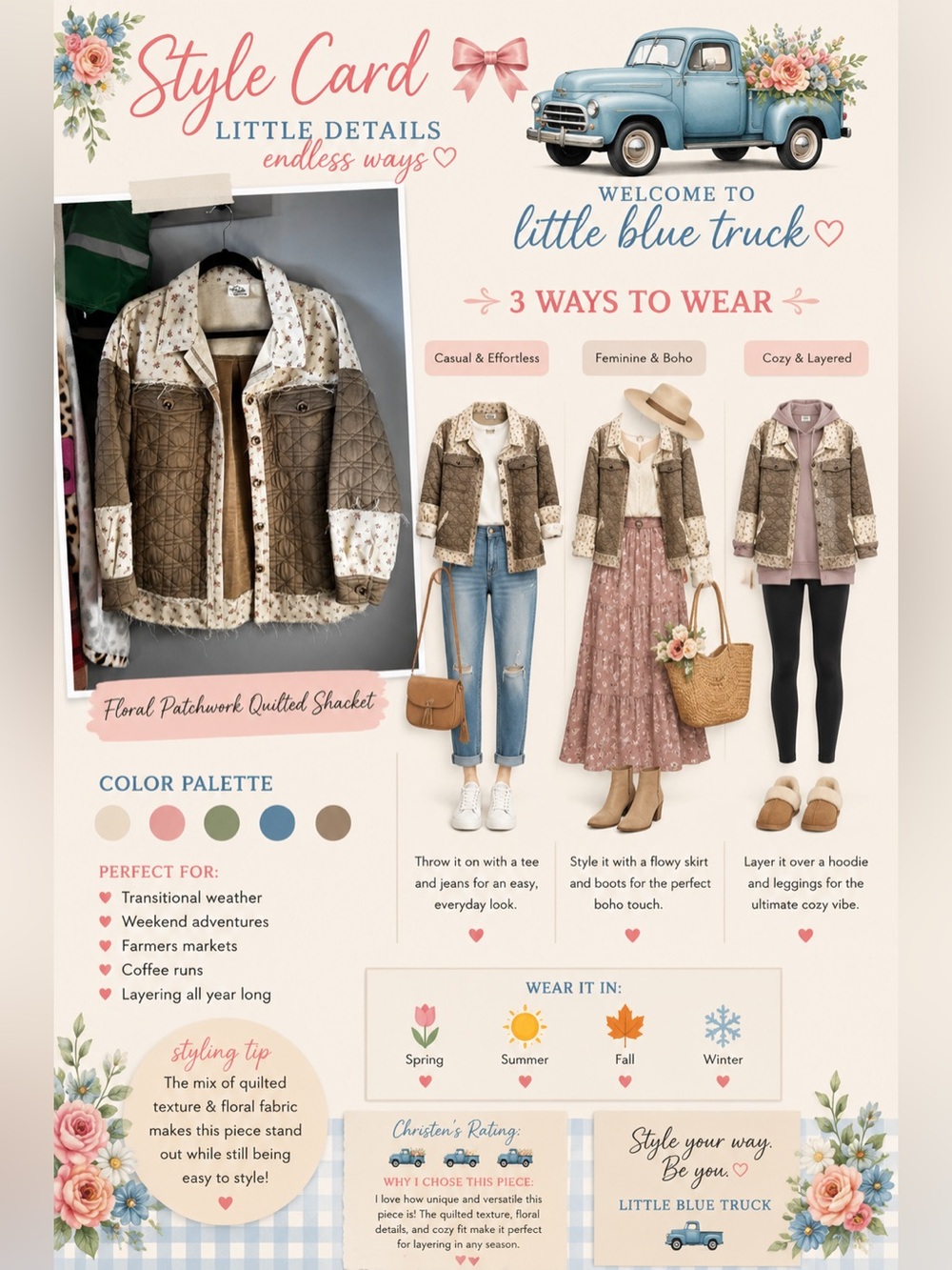 New in Quilted Mixed-Media Jacket floral, Olive and Cream